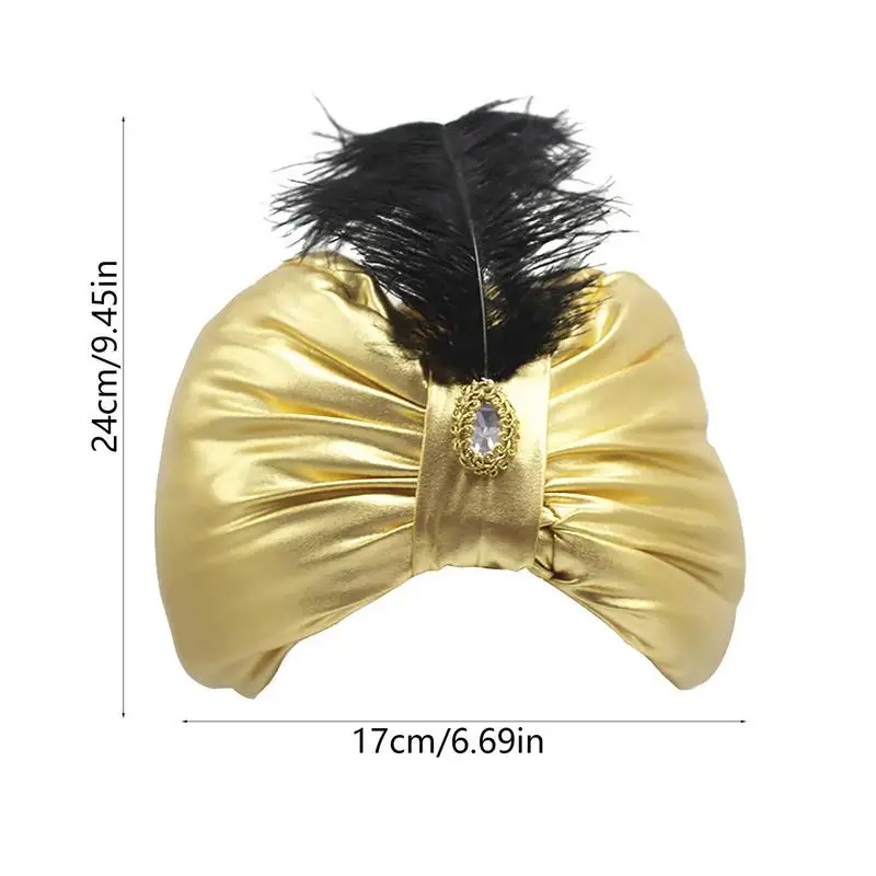 Unisex Turban Hat Sultan Aladdin Arab Vintage Headwear Novelty Costume Accessory with Feather Gem for Men & Women Halloween