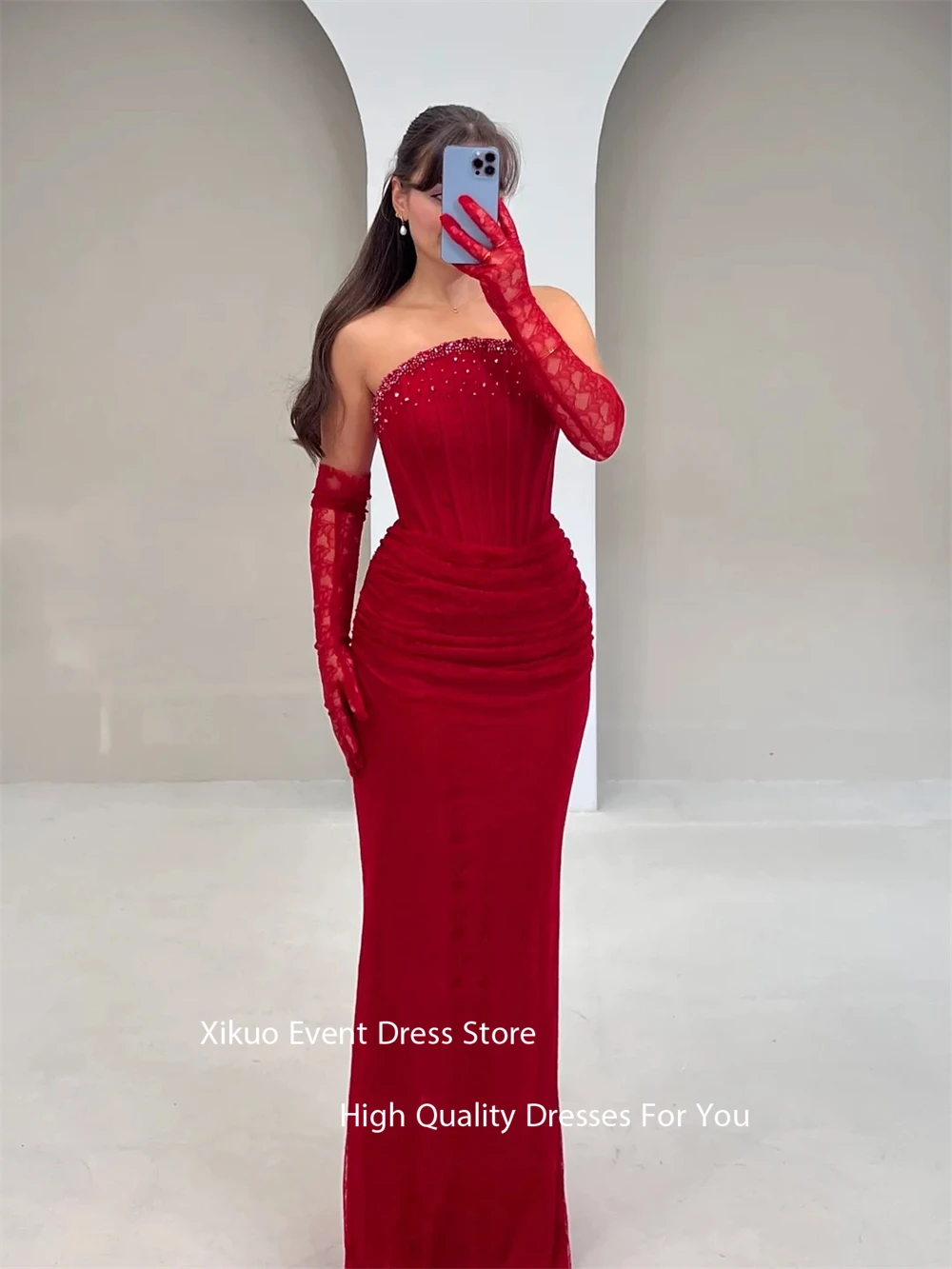 Xikuo renda vermelha vestidos de noite formal sem alças miçangas vestidos de festa árabe saudita apliques luxuoso robe de soirée personalizado