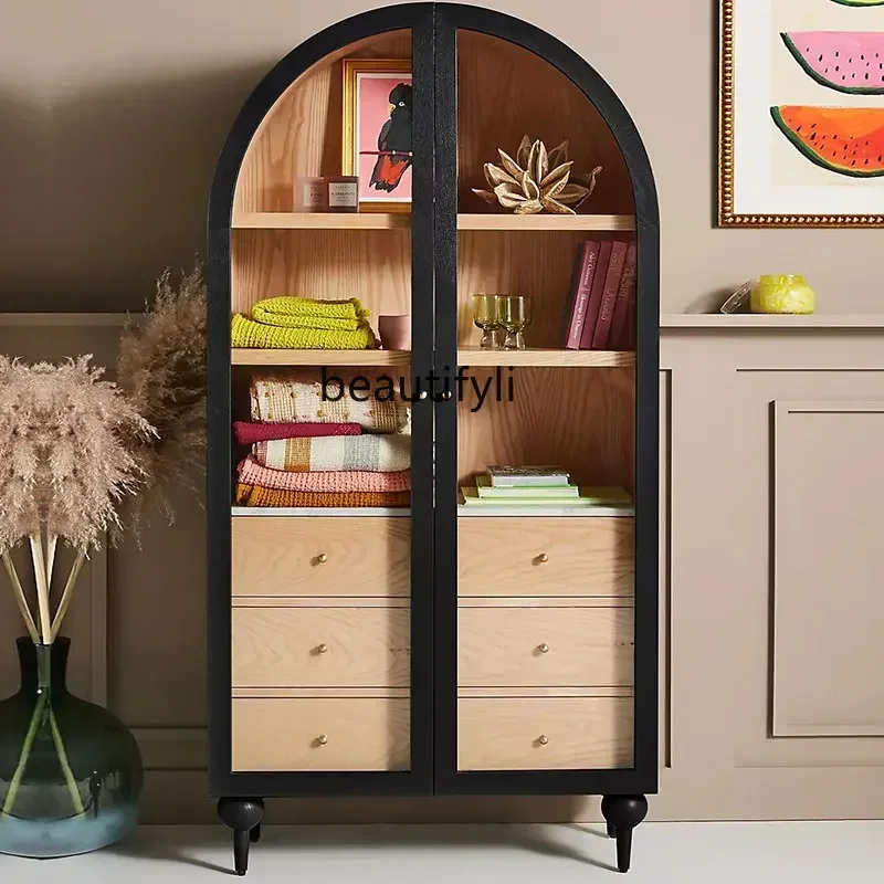 

Retro Black Arched Double Door Solid Wood Bookcase American Color Matching Glass Storage Cabinet Sideboard Cabinet