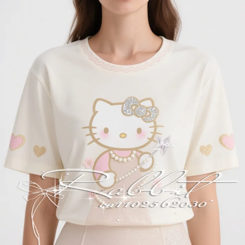

2025 New Fashionable Street Retro Elegant Hello Kitty Women's Cartoon 3D Printed T-shirt Casual High Quality T-shirt