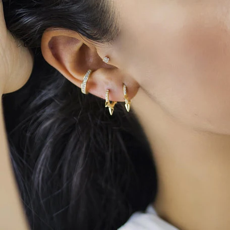 2018 three mini spike punk style women earring round cz hoop minimal delicate design Gold color wholesale high quality jewelry