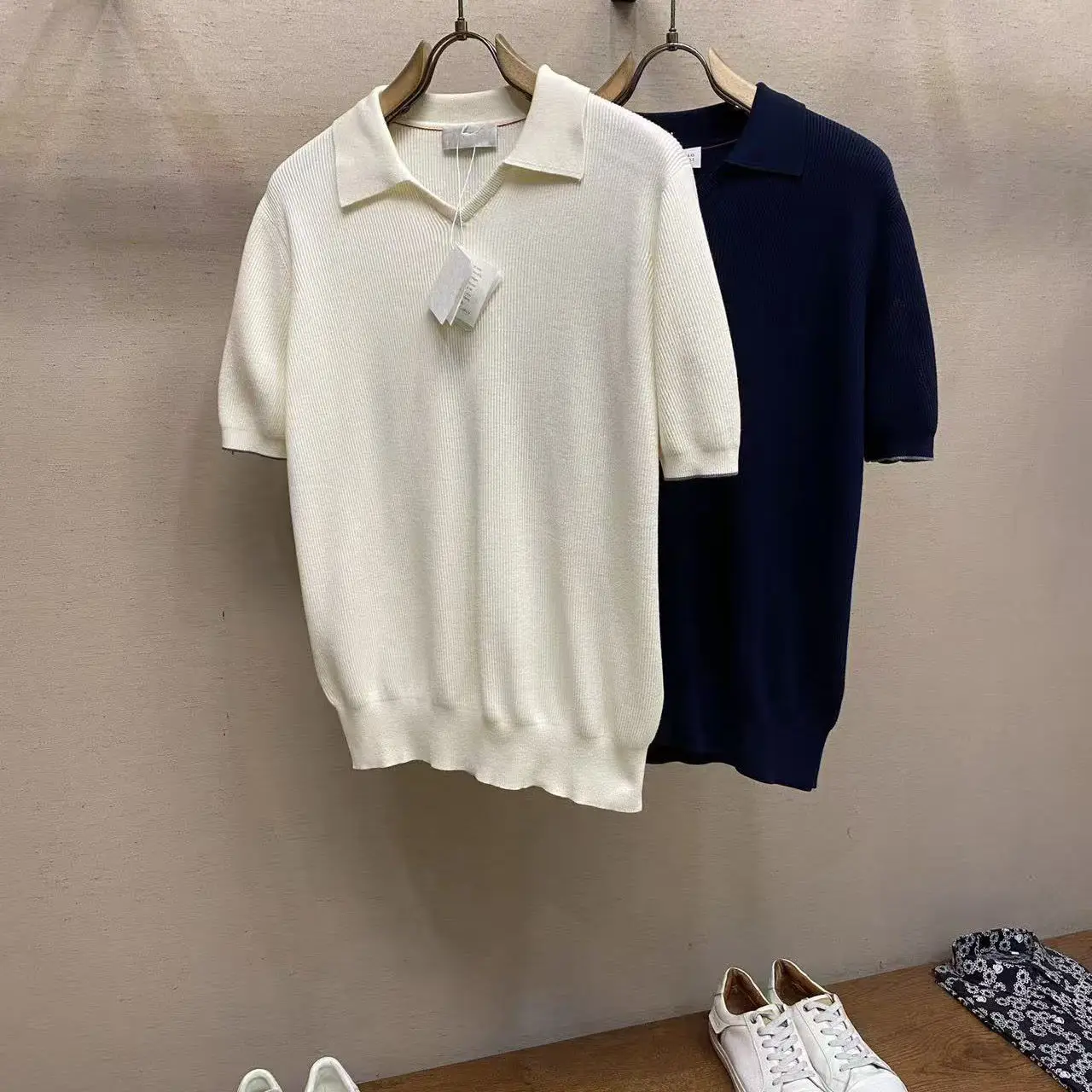 Italy spring and summer old money Fengshi seagull neck ribbed knitted polo shirt lapel collar short-sleeved POLO shirt