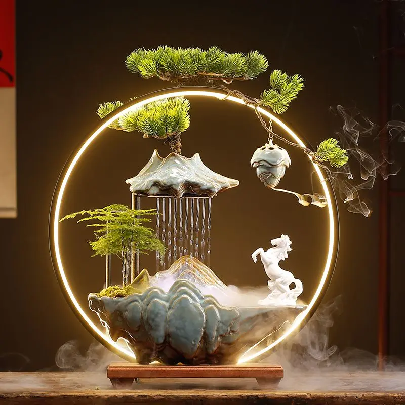 

Creative Ceramic Rockery Backflow Incense Burner with Lamp Circle Circulating Water Desktop Decoration Incense Burner Home Decor