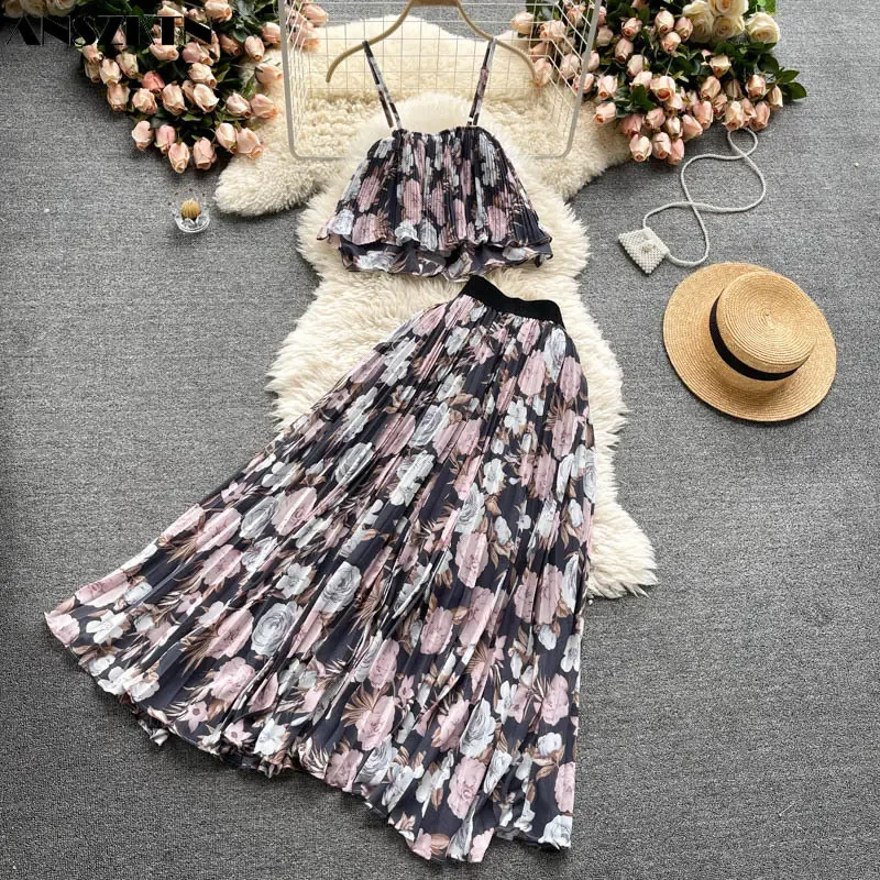 Holiday Suit Suspender Short Top Women's Heavy Industry Pleated Chiffon Skirt Sweet Broken Flower Two-piece Set ANSZKTN