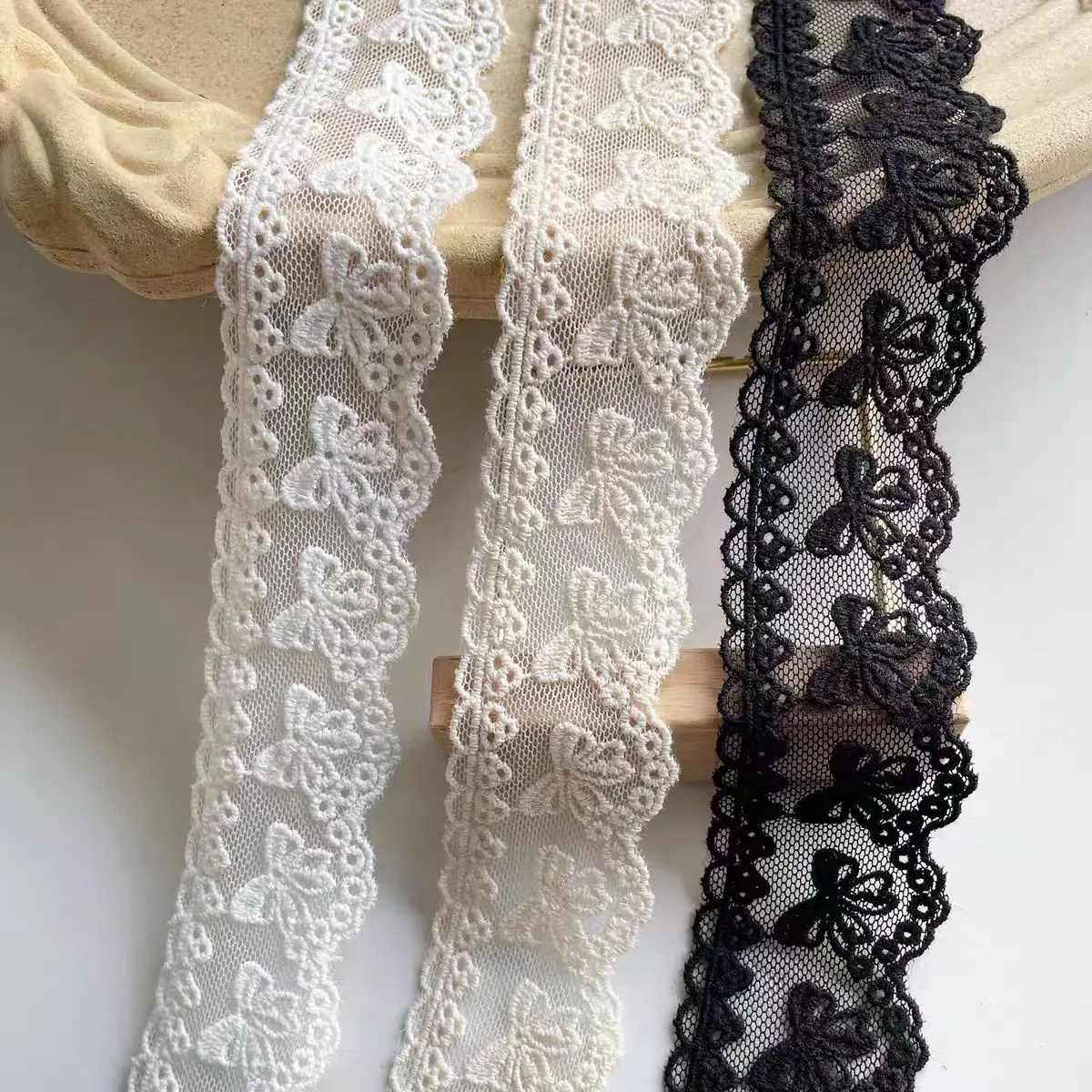 2 Yards Black White Beige Wave Bow Embroidery Lace Fabric Trim DIY Clothing Wedding Home Decoration Handmade Sewing Crafts