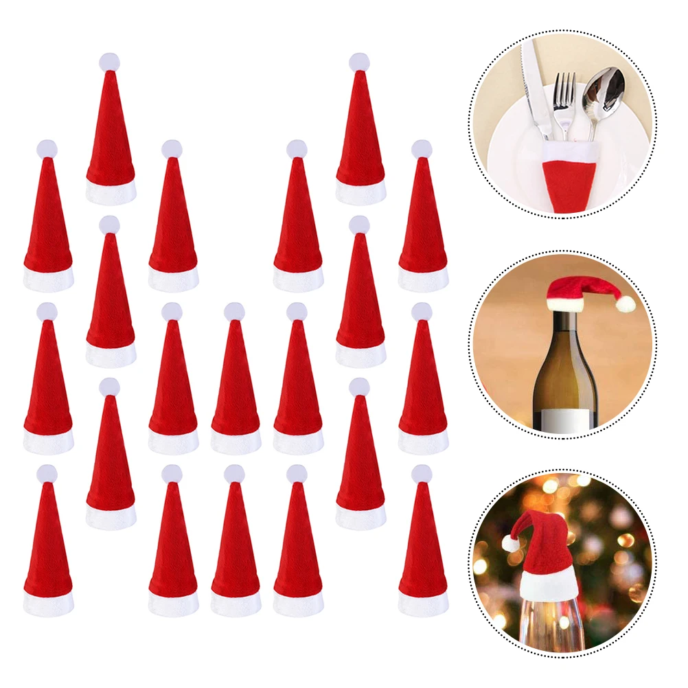 

20 Pcs Christmas Decoration Hat Wine Bottle Set Practical Cutlery Covers Sleeves Supplies Lovely Red