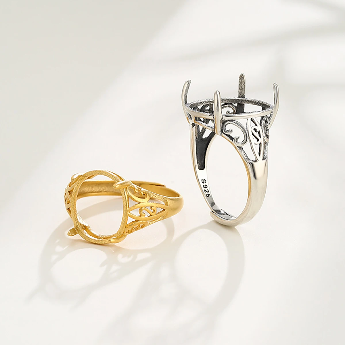 S925 Silver Open Adjustable Rings Oval Cabochon Emerald Turquoise Beeswax Settings For DIY Making Jewelry Gift for Women