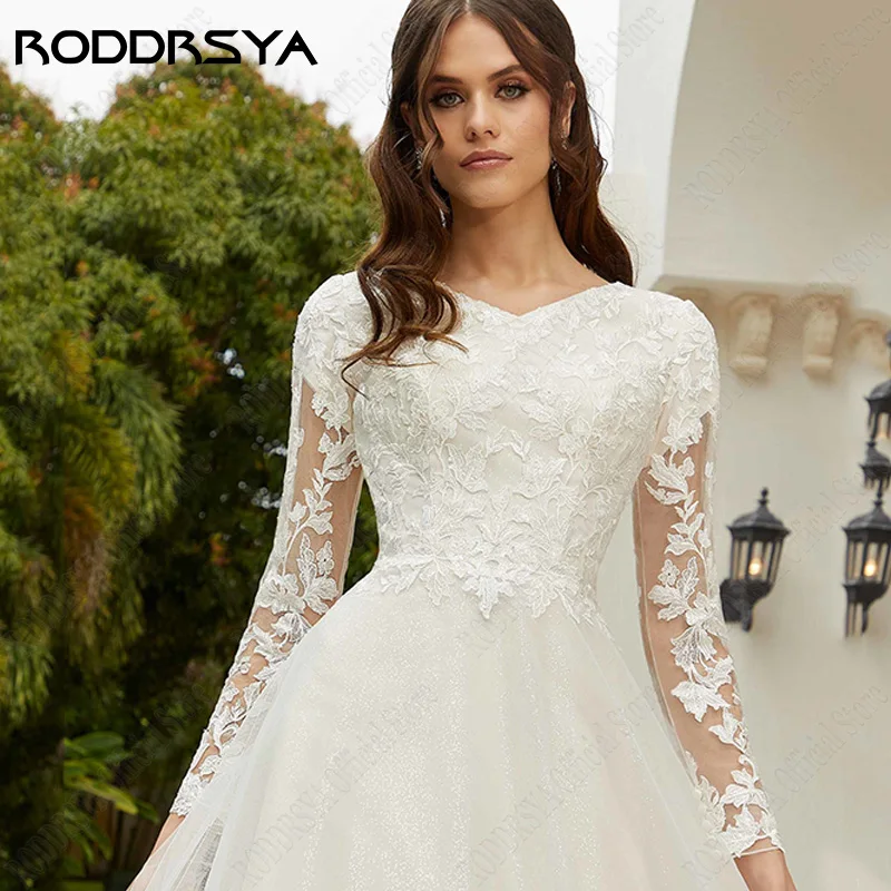 RODDRSYA abiti da sposa in pizzo maniche lunghe civile alta scollo a V vestidos de novia scintillante a-line abito da sposa in Tulle Plus Size Merlaccia sposa abiti lunghi maniche civili alti v collare vestiboli del ti