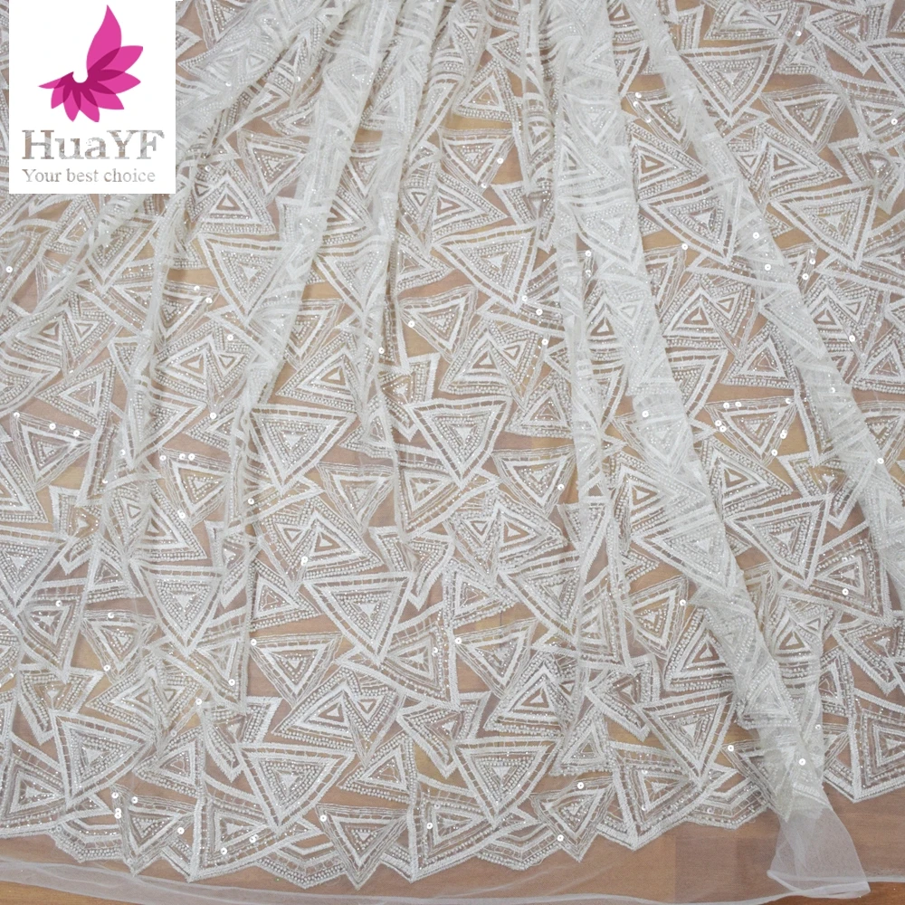 1 Yard Ivory Bridal Sequin Embroidery Beaded Tulle French Handmade Wedding Dress Lace Fabric Material HY0346