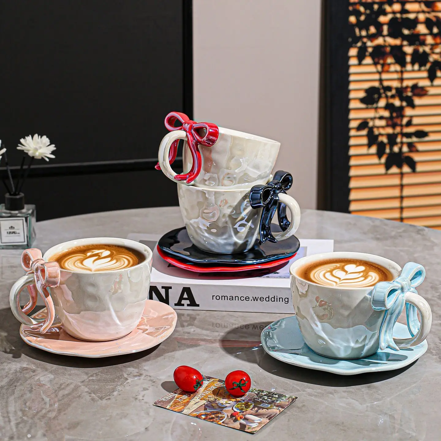Bow Coffee Cup Niche Elegant Simple Light Luxury with Saucer Set Ceramic Cup High Sense Temperament Afternoon Tea