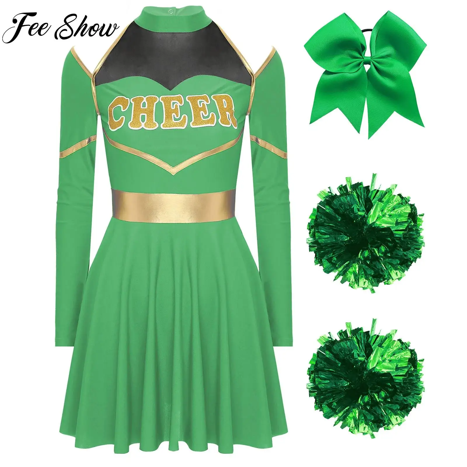 

FEESHOW Womens Cheerleader Costume Halloween Cheerleading Dress with Bowknot Hair Band Flower Balls Match Carnival Party Wear