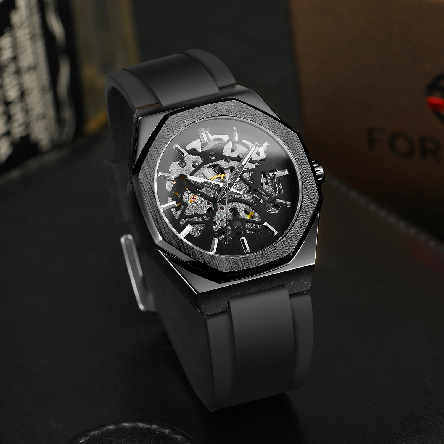 

Luxury Brands FORSINING Original Watch for Men Steel Skeleton Mechanical Automatic Movement Clock Military Waterproof Silicone