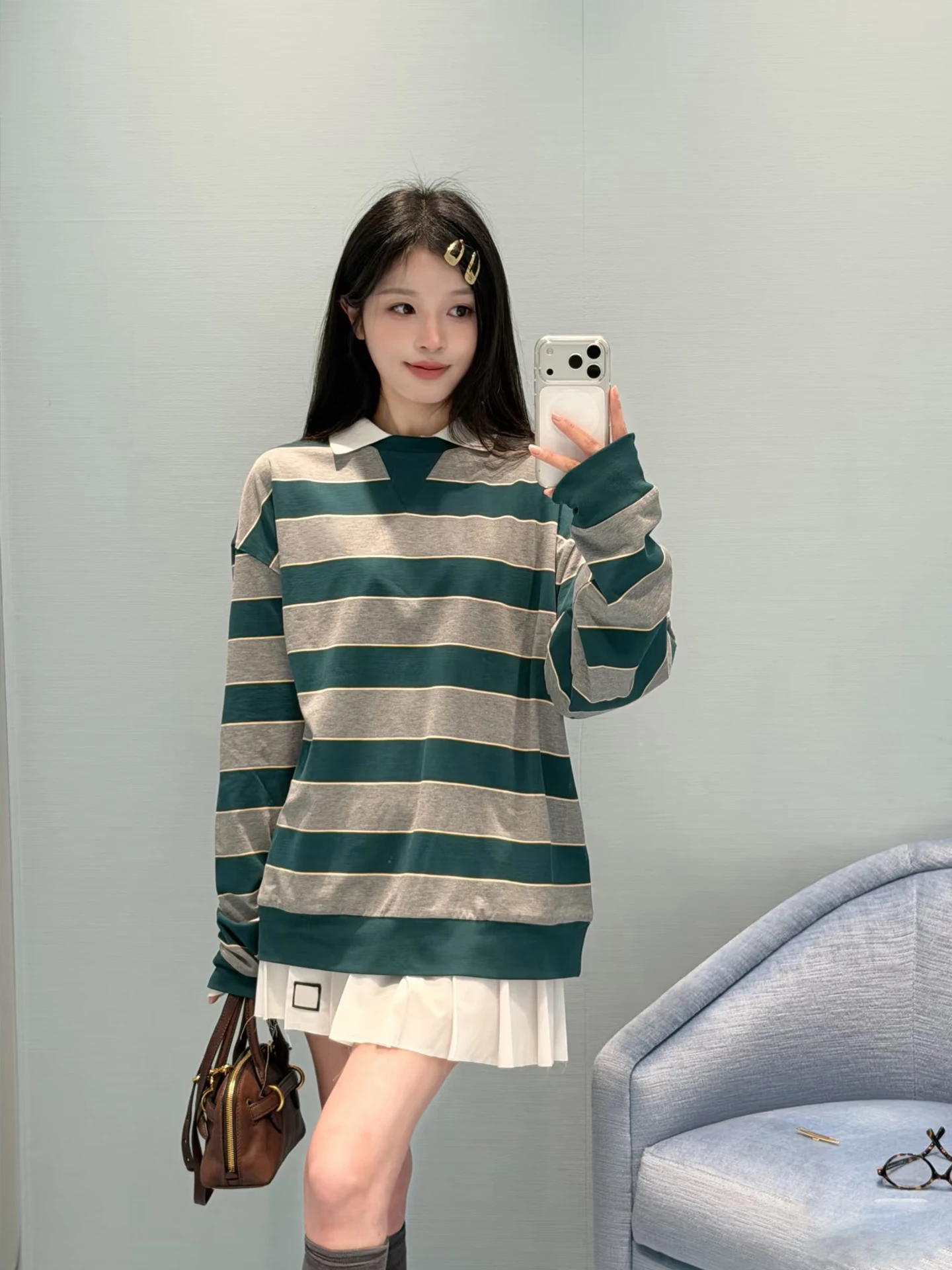 

Loose Long Sve T-irt Women's round Ne Base irt Letter Stripe Pattern Commute Sle Casual Fem Faion Boting Top