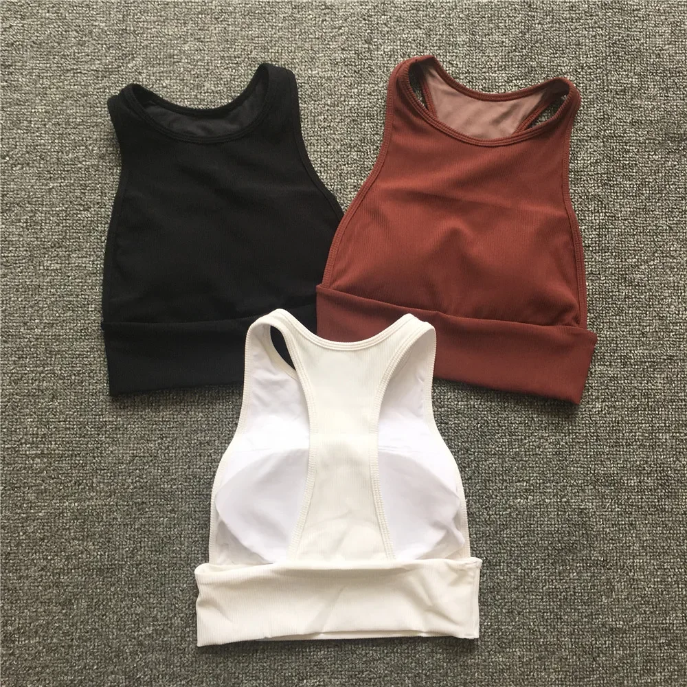 2024 Pad High Impact Vest Women Strap Nylon Sports Bra Tops Gym Bustier High Neck Crop Tops Fitness Bralette Active Blouses