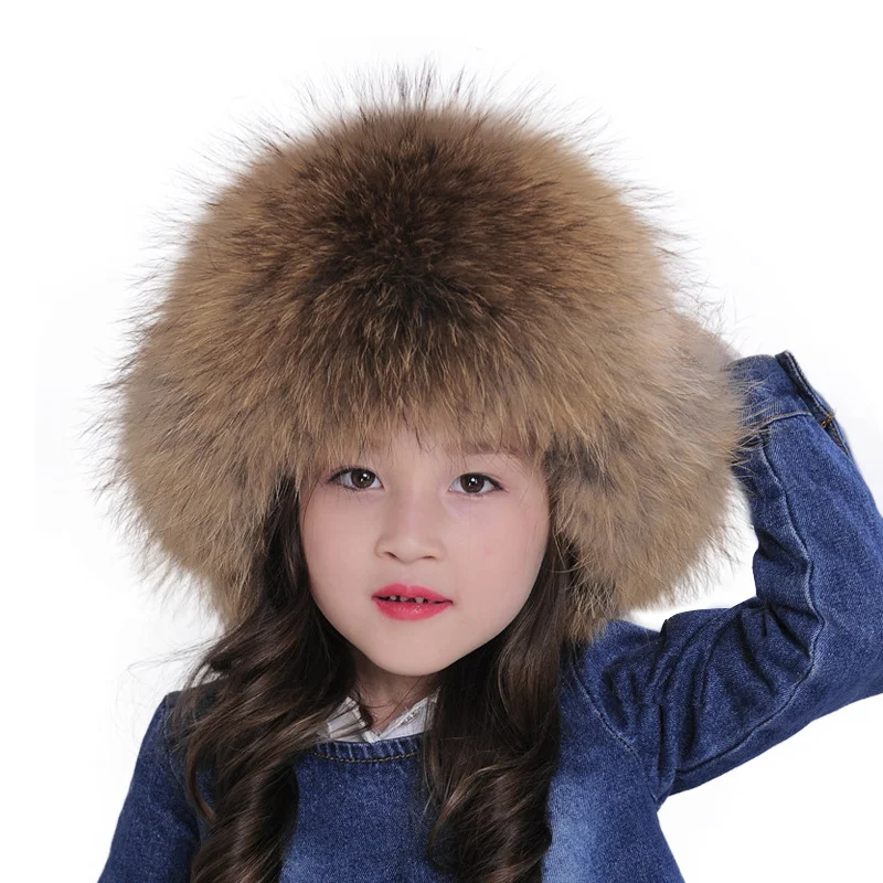 100% Real Fox Fur Hats Russian Ushanka Aviator Trapper Snow Ski Hat Earflap Caps Winter Raccoon Fur Bomber Children\'s Warm Hat