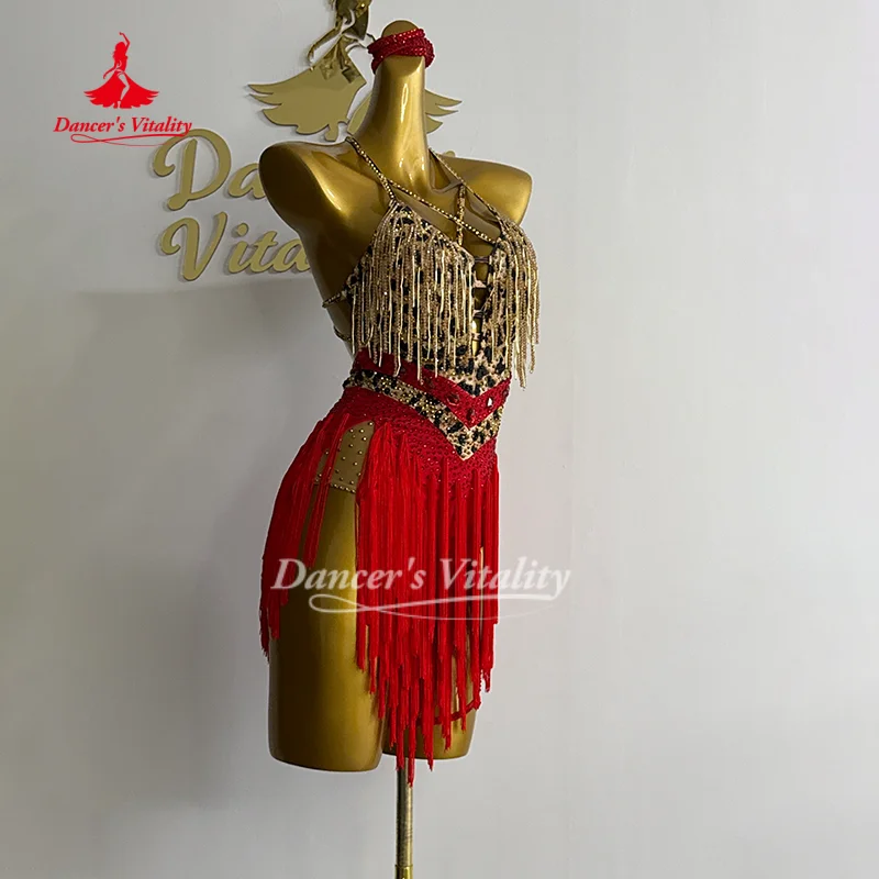Latin Dance Dresses Custom Sexy Leopard Print Backless Tassel Dress Cha Cha Samba Rumba Performance Outfit Dancer's Vitality