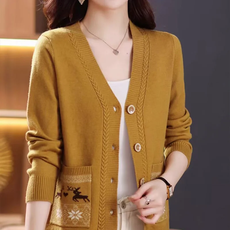 Office Lady Fashion Jacquard Pockets Sweaters Autumn Winter Soft Wool Knitwear Tops Vintage Elegant Knitted Cardigan