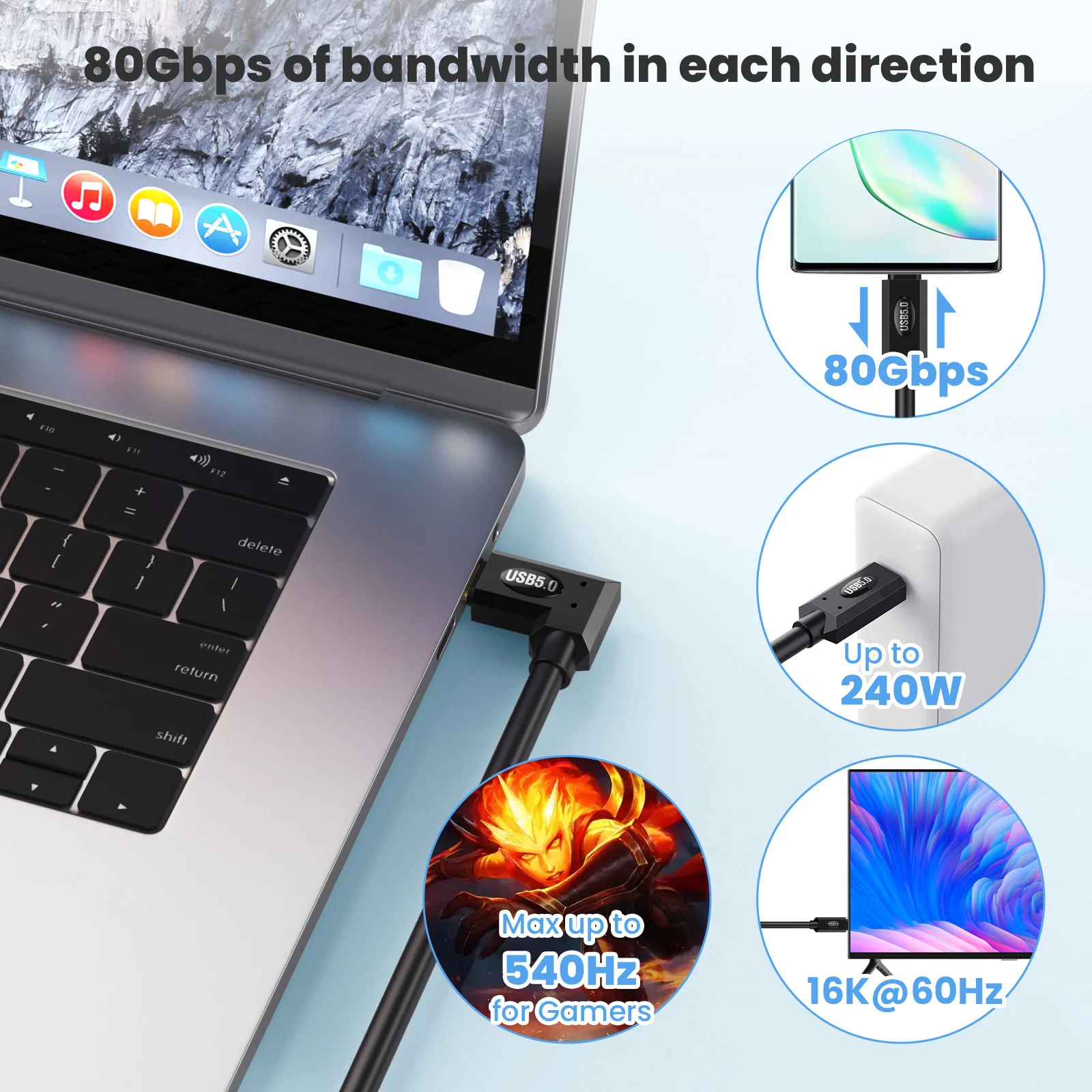 كابل تمديد USB 5 مع نقل بيانات 80 جيجابت في الثانية يدعم كابلات بيانات البرق عالية الوضوح 16 كيلو/ثنائي 8 كيلو وات