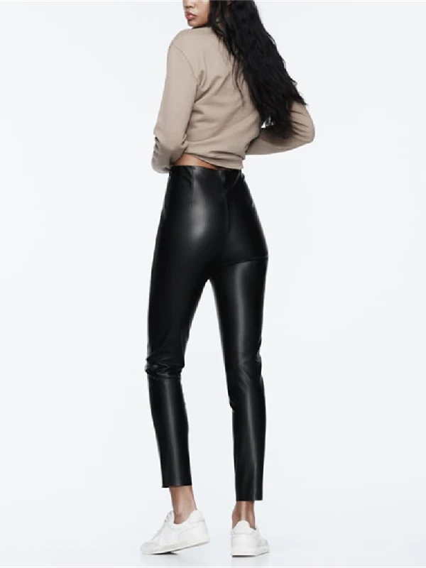 Damskie spodnie casualowe z wysokim stanem, imitacja skóry, obcisłe, uniwersalne, wyszczuplające, rekreacyjne spodnie o kroju ołówkowym 8372294