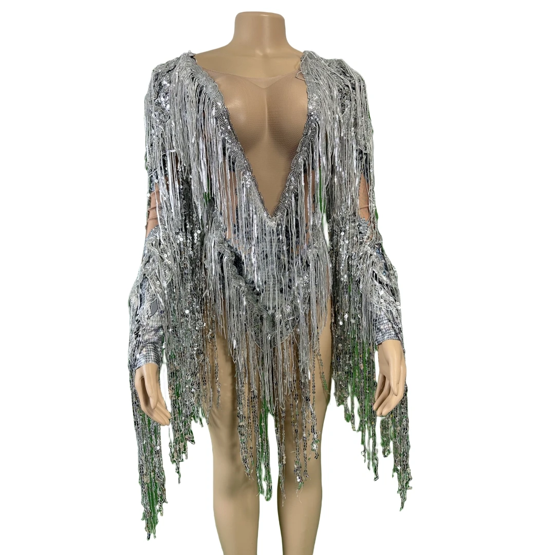 

Women Sparkly Sequins Fringe Bodysuit Sexy Dancer Show Leotard Celebrate Outfit Prom Bar Birthday Party Dj Nightclub Costumes