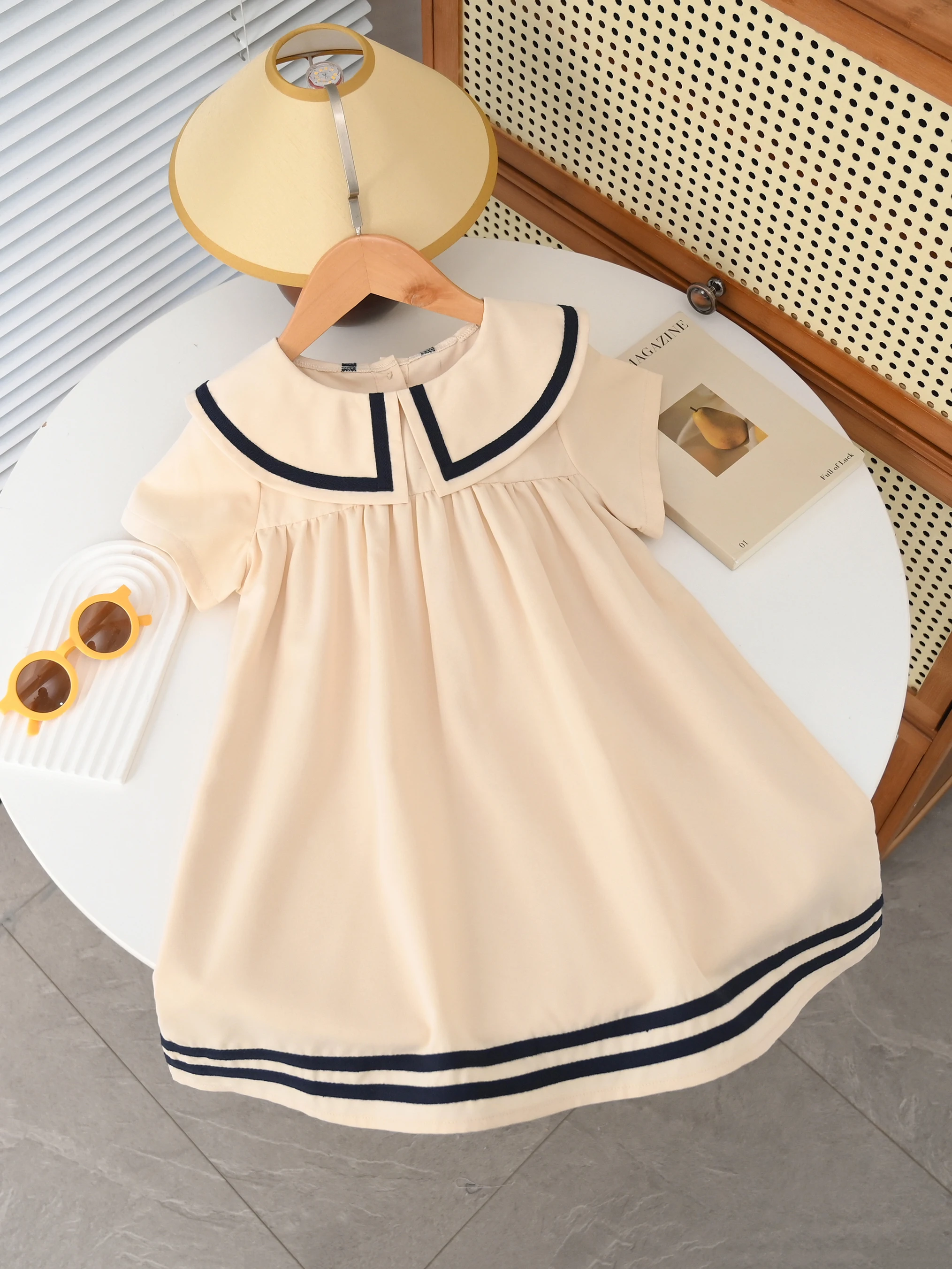 Sommer Mädchen Kleid Einfarbig Navy Kragen Kurzen ärmeln Mode Lässig Prinzessin Kleid Kinder Kinder Kleidung