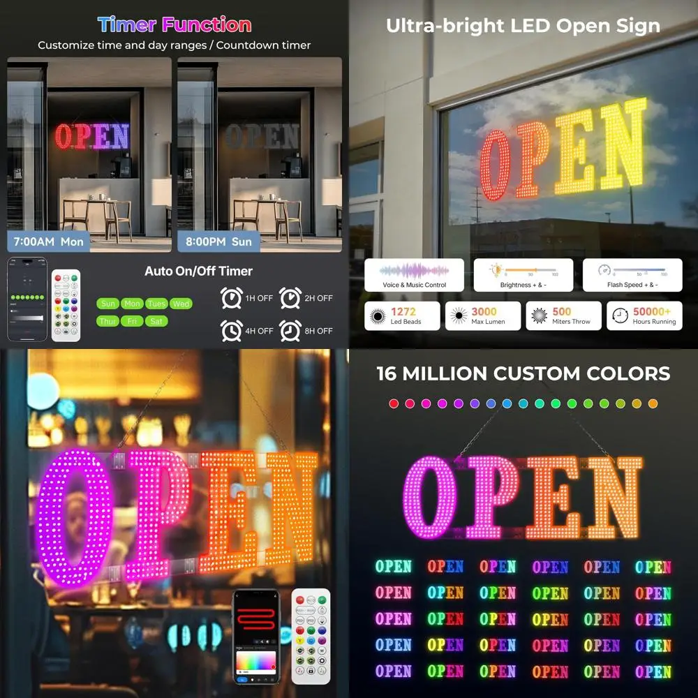 

Вывеска с 48 светодиодами и управлением через приложение, пультом ДУ, таймером, с возможностью настройки цвета и яркости для бизнеса с высокой видимостью