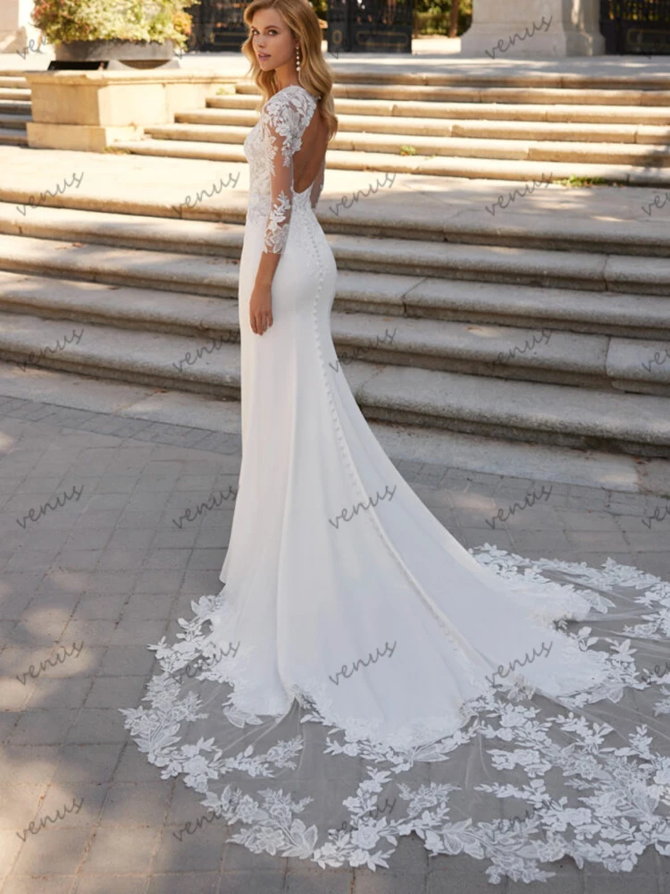 Graceful Wedding Dresses Satin Bridal Gowns Lace Appliques Sweep Train Robes Full Sleeves Robes Vestidos De Novia Customized