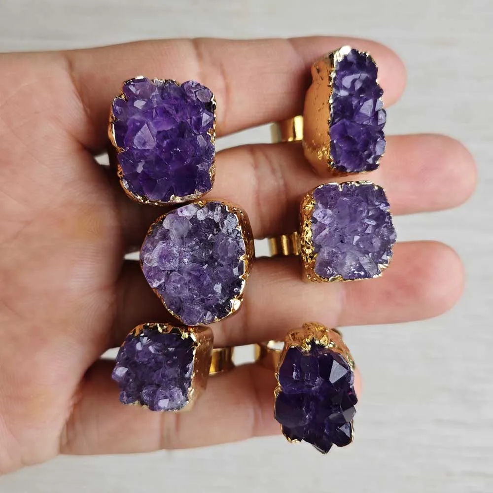 New Fashion Natural amethyst stone round Finger Adjustable Rings  inside diameter 18mm for women men Minimalist  Jewelry Gifts