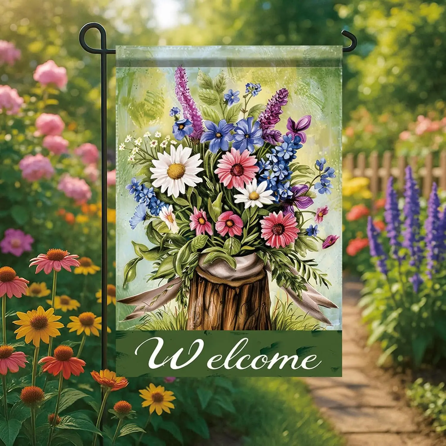 Spring Summer Garden Flag 12x18 Inch Welcome Wildflower Bouquet Tree Stump Floral Art Design Outdoor Yard Porch Lawn Garden  zzo