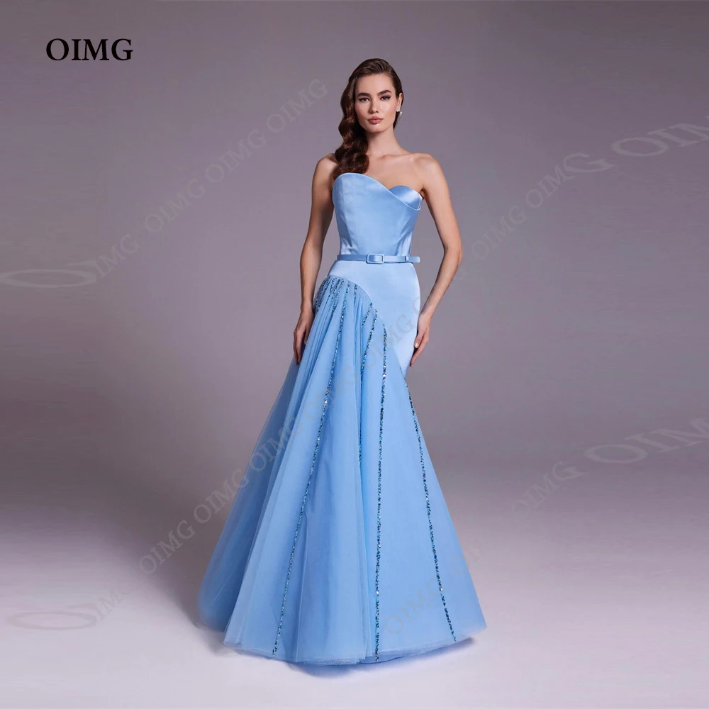 

OIMG Sky Blue Tulle Satin Dubai Arabic Women Evening Dresses Sequins Tulle Prom Gowns Sparkly Formal Party Occasion Dress