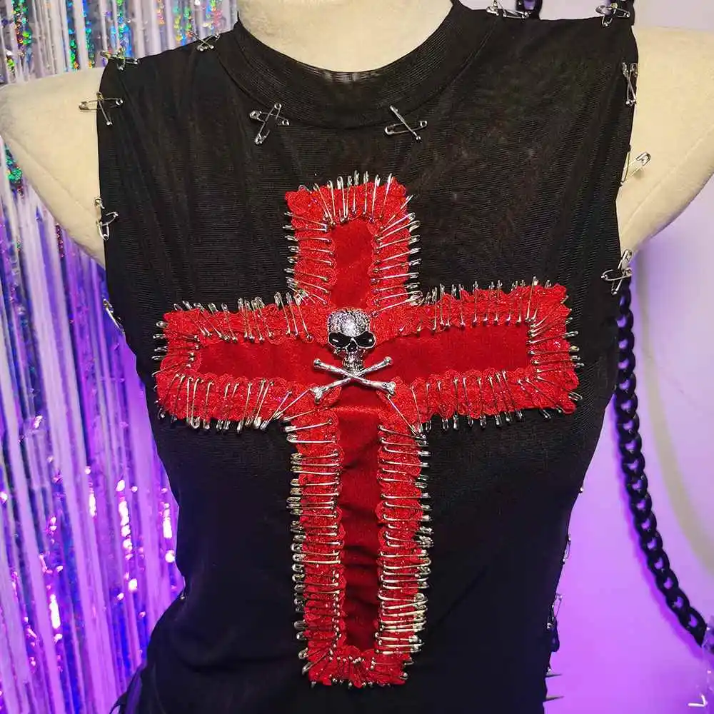 ملابس النادي 2025 القوطية تانك Y2K القمم القوطي Harajuku الصليب موضة إحياء ايمو الجمجمة E-الفتيات الشرير الصخرة الجرونج في سن المراهقة دبوس الرقمية