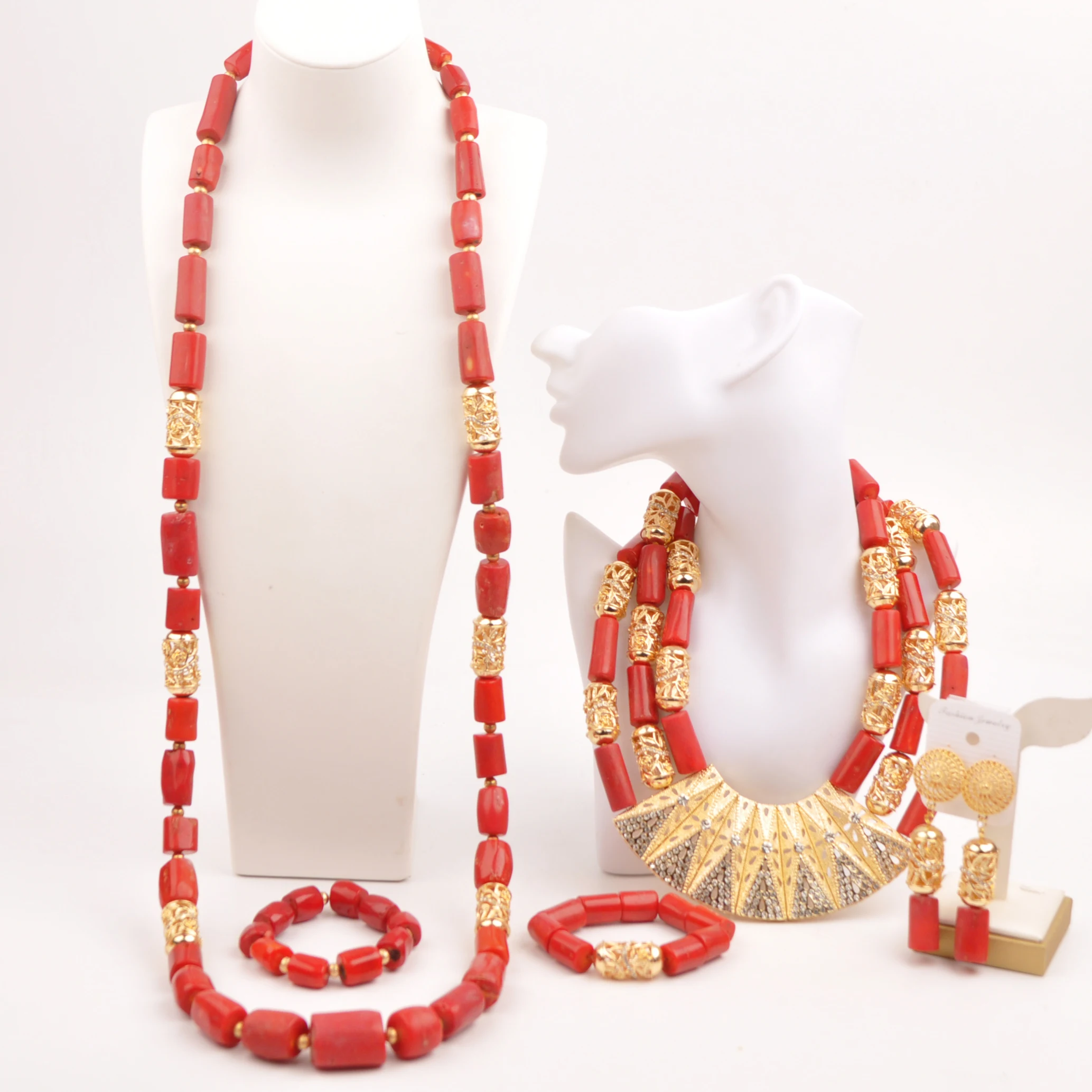 

Fashion Nigerian Wedding Red Coral Bead Jewelry Set for Couple