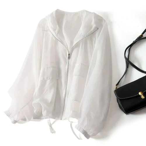 Imagen 2 del producto Ropa de protección solar ligera y transpirable para mujer, chaqueta holgada de verano y primavera, cortavientos con capucha y cordón