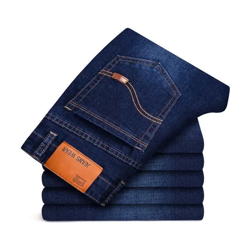 Pantalones vaqueros elásticos para hombre, Jeans clásicos elásticos de negocios, cómodos, lisos, rectos, largos, a la moda, novedad de 2023