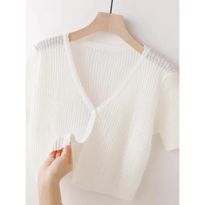 Cárdigan corto de punto de seda helada para mujer, chal fino, abrigo de protección solar, chaqueta corta con vestido tipo tir...