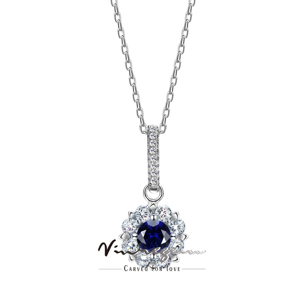 

Vinregem 5MM Round Cut Sapphire Ruby Emerald Gemstone Flower Pendant Necklaces for Women 100% 925 Sterling Silver Fine Jewelry