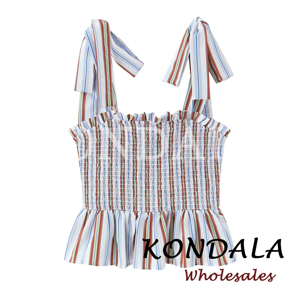 KONDALA Chic 2026 Damen Casual Gestreifte Tops mit Schleifen, Ärmellose Drapierte Damen-CAMIS, Streetwear Plissierte Modische Sommer-Tops für Frauen