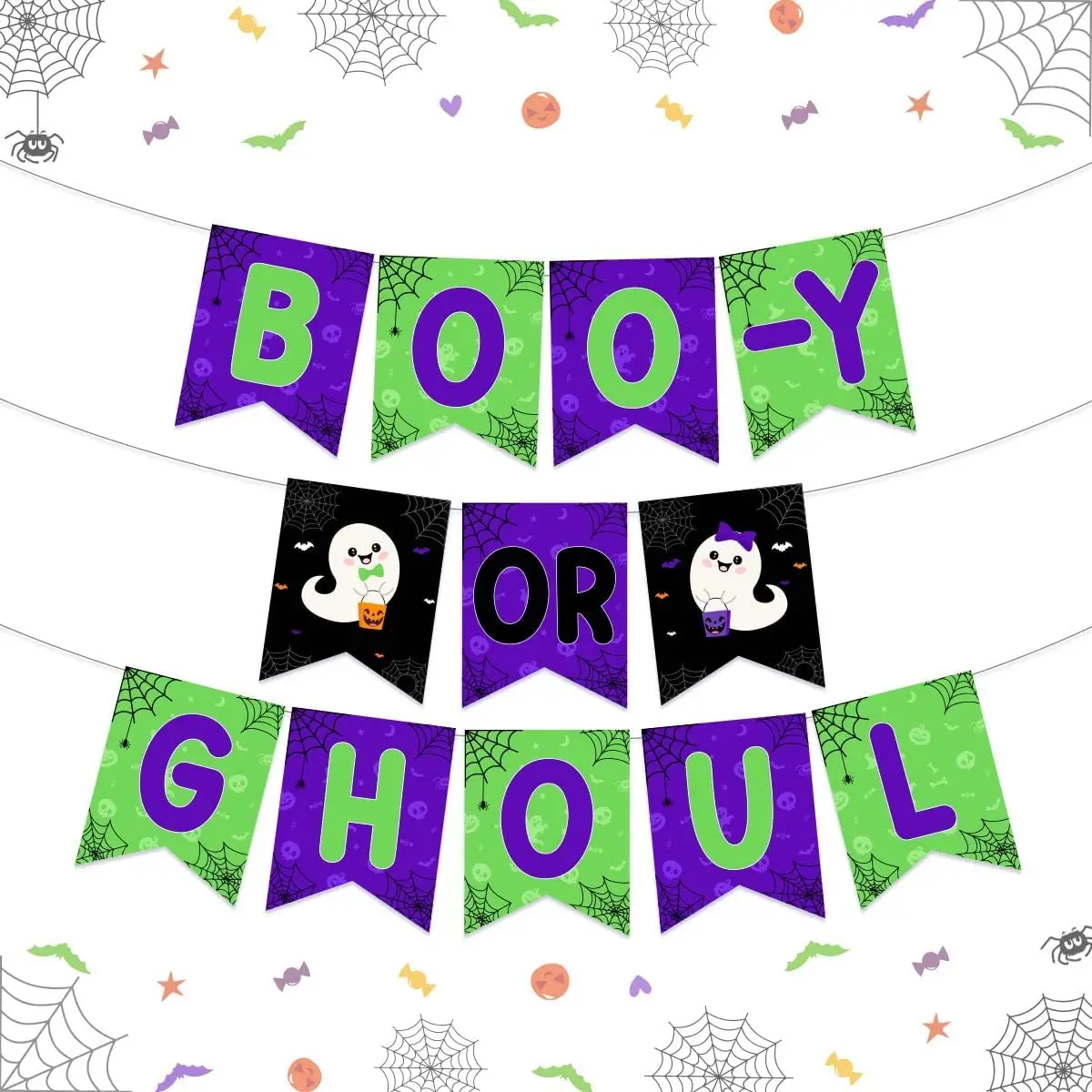 

Halloween Gender Reveal Banner for Boy or Girl, Boo-Y, Ghoul, Green, Black, Purple, Party Decoration Supplies, Baby Shower