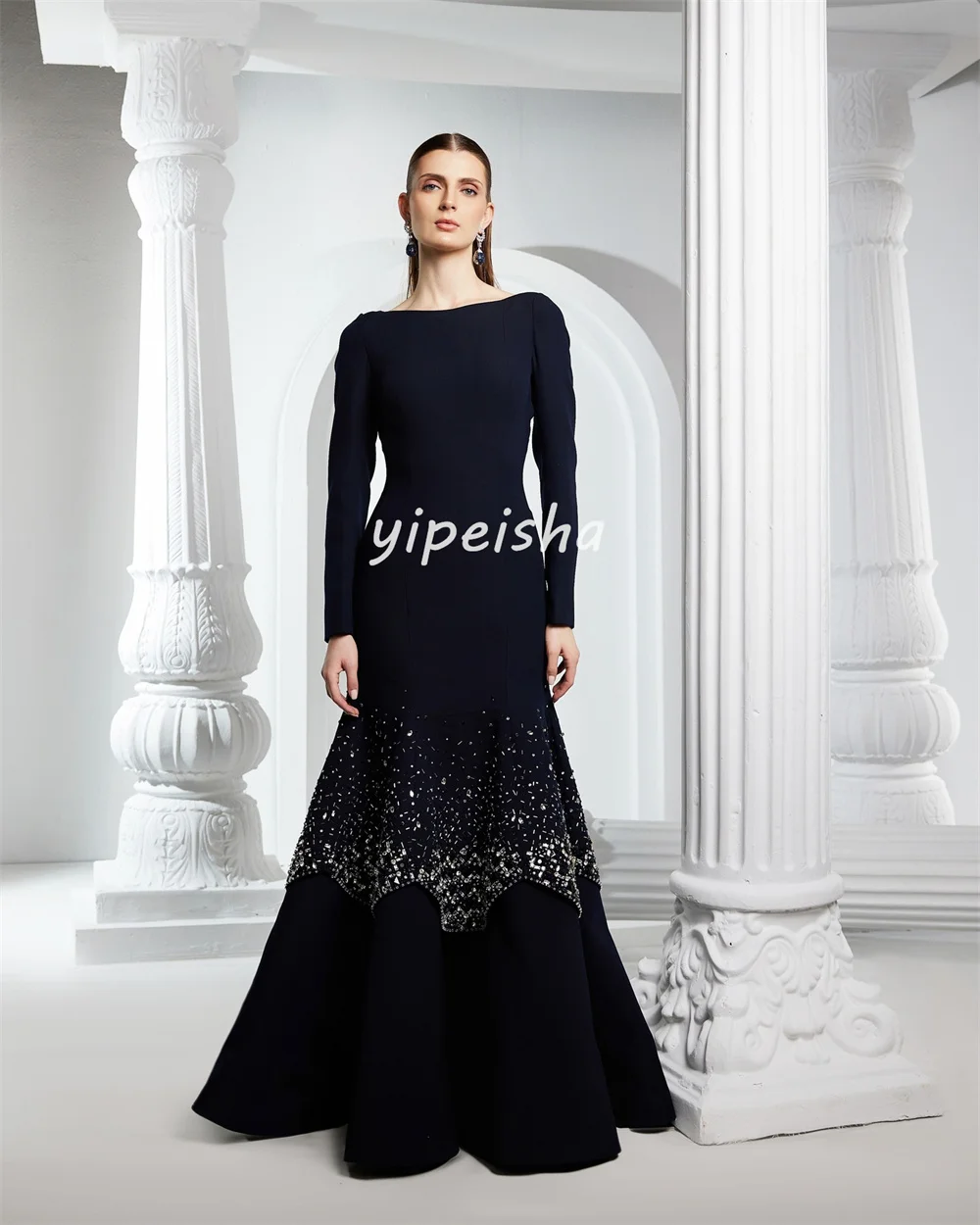 تخصيص البريق جيرسي حجر الراين مطرزة ألف خط مغرفة الرقبة فساتين طويلة فساتين مناسبة مخصصة جودة عالية كلاسيكية