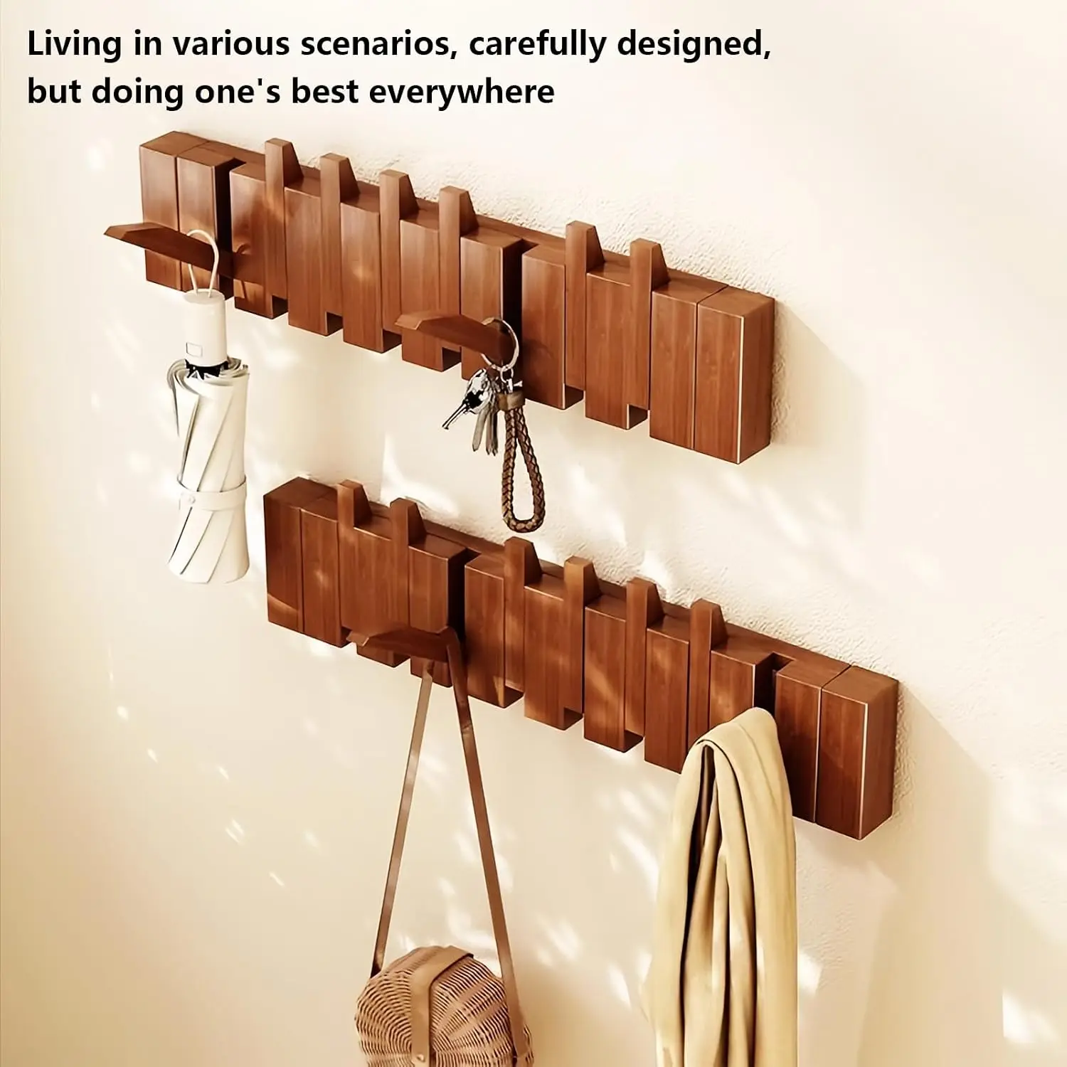 Wall Mounted Painted Wood Coat Rack Hooks, Piano Key Hangers, Natural Solid Wood Hanger, Non-Woven Fabric Clothes Hangers for Closet, Kitchen, Bedroom, Bathroom and Entryway (Walnut, 12 Hooks)