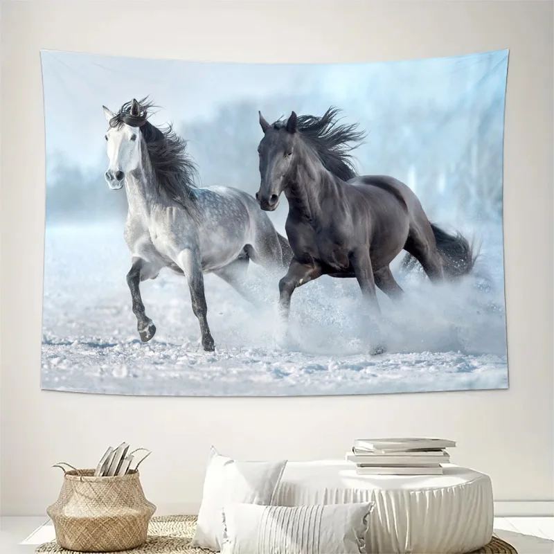Majestic Horses Wall Tapestry Canvas Print Rustic Farmhouse Decor Art for Living Room Hallway Galloping Equestrian Animal Wall H