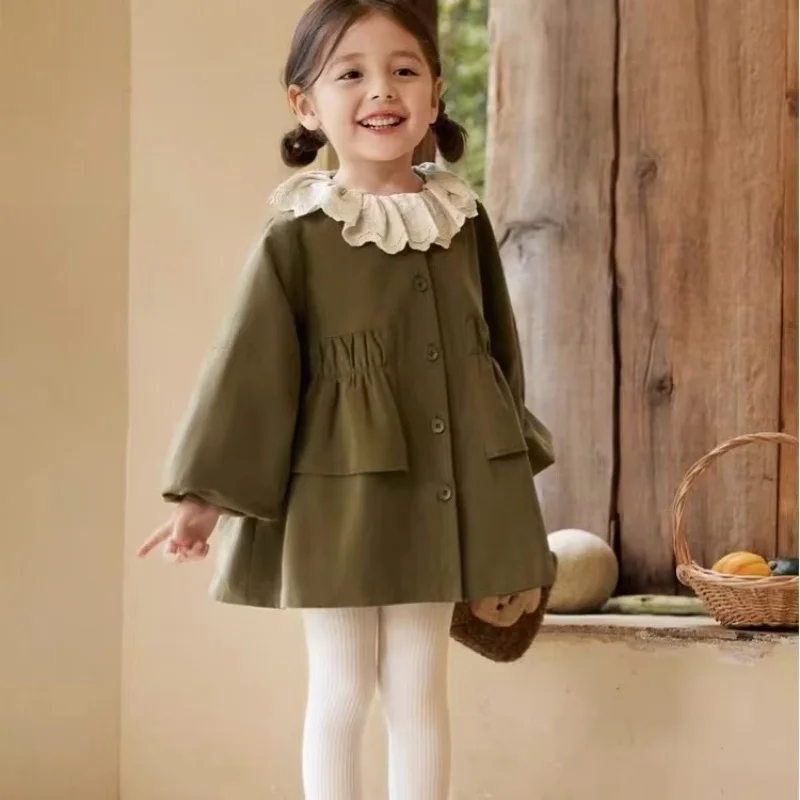 Girls Trench Coat Spring Fall New Kids Doll Collar Lapel Jacket Baby Sweet Fashion Outerwear Children Casual Top