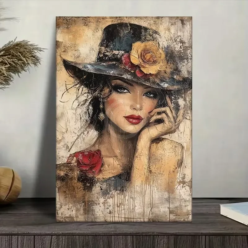 Stylish Woman Wear Hat with Flowers Poster Prints Portrait Canvas Painting Wall Art Picture for Living Room Home Decor Cuadros