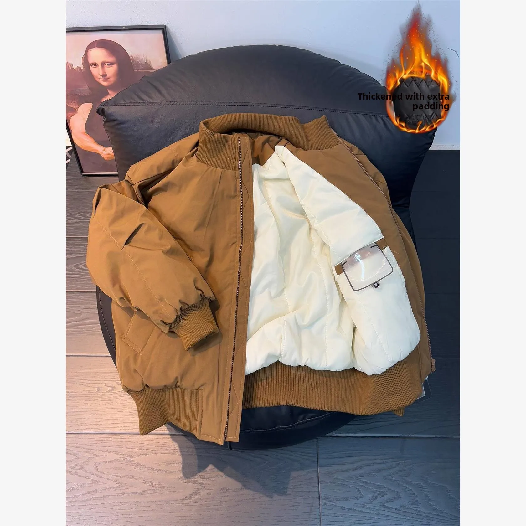 

Men's Brown Flight Jaet Cotton Coat Winter American Bomber ort Thiened Cotton Clothes Loose Fit No Hood Knot