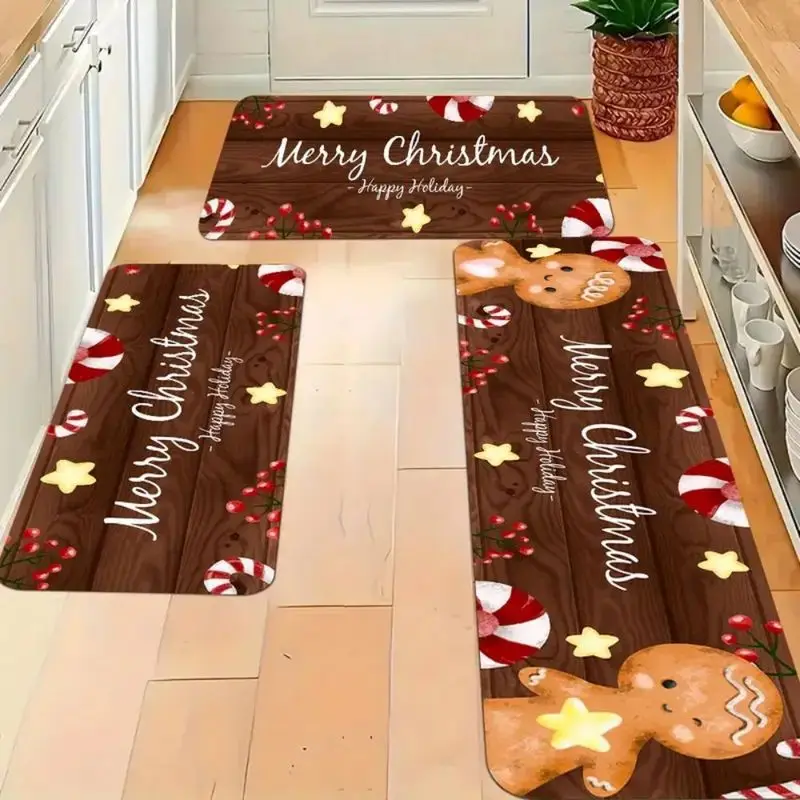 VIKAMA Christmas Kitchen Rug Set Wood Gingerbread Candy Cane Star Berry Print Absorbent Mat For Kitchen Floor Dining Room Decor