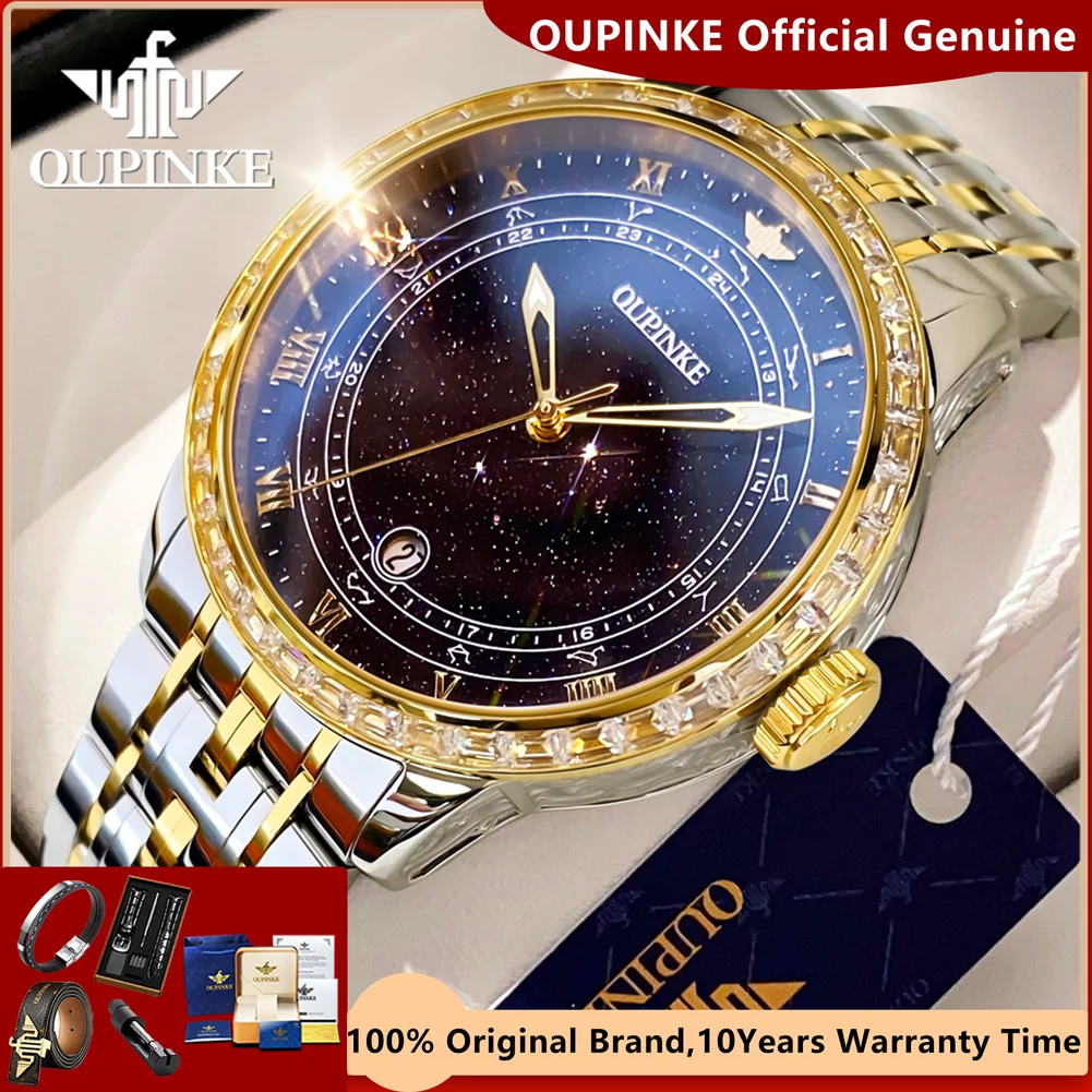 OUPINKE Original Automatic Mechanical Watch for Men Star Diamond Design Luminous Waterproof Mens Wristwatch Luxury Montre Homme