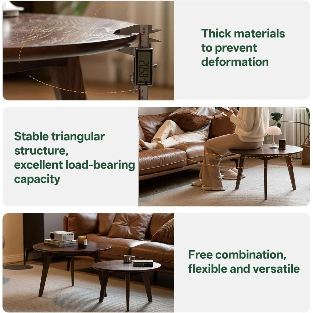 100% Solid Oak Wood Coffee Table Set, Round Coffee Table Combo Side Table w/Solid Wood Legs, Mid Century Table Sturdy Tables for