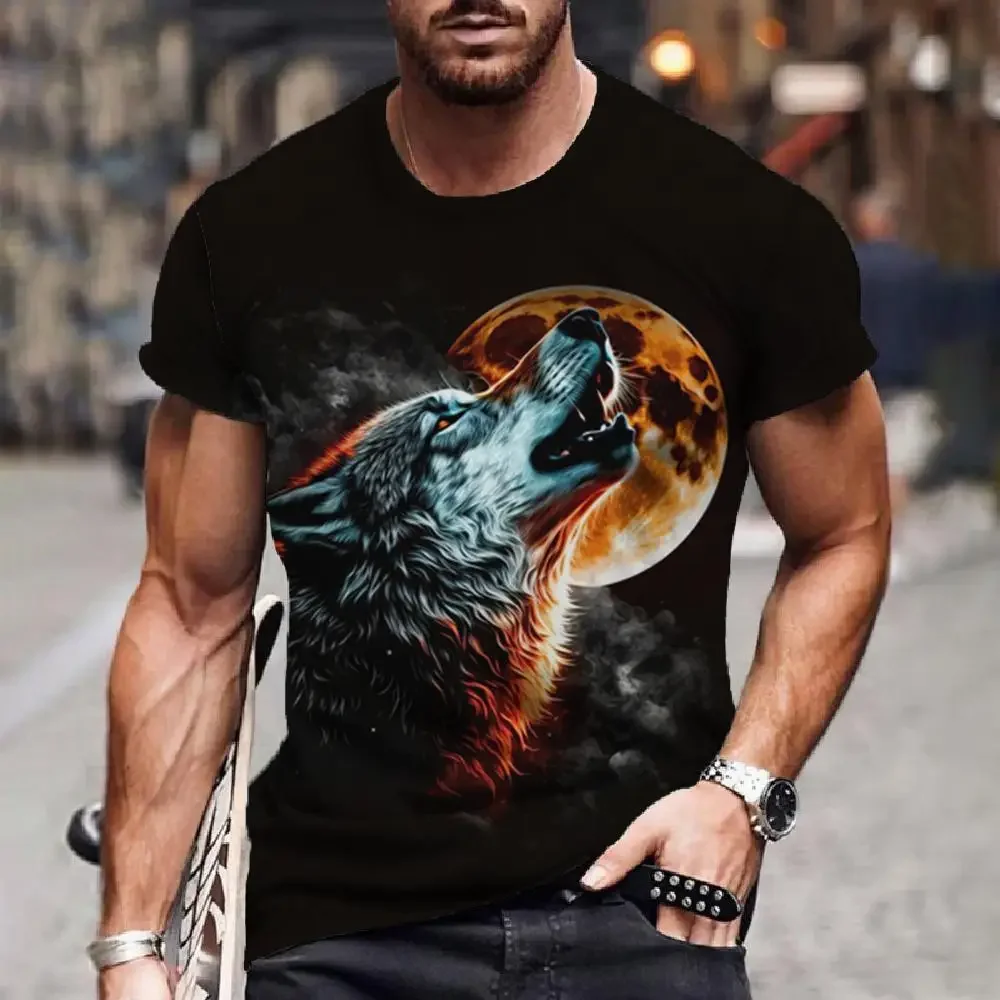 Trend Street Style Men's Howling Wolf Full Moon 3D Print T-Shirt Wild Animal Graphic Short Sleeve Tee Cool Hip-hop Y2k Clothes