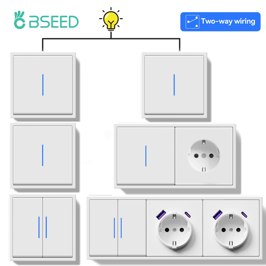 

BSEED 1/2Gang 2Way Button Light Switch With EU Socket 20W AC Socket Plastic Frame Wall Switch On Off For Stairs LED Backlight