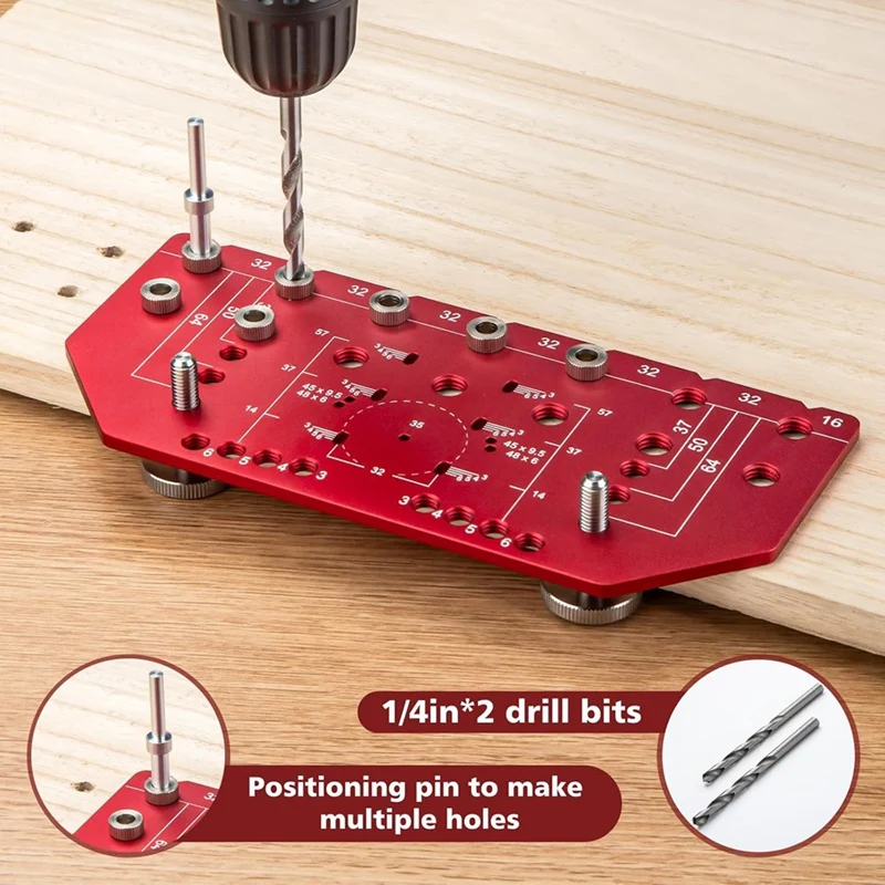 WFF Shelf Pin Jig And Hinge Jig 2 In 1 Self-Contained Clamping, 32Mm Shelf Pin Jig Aluminum Alloy With 1/4 Inch Drill Bits